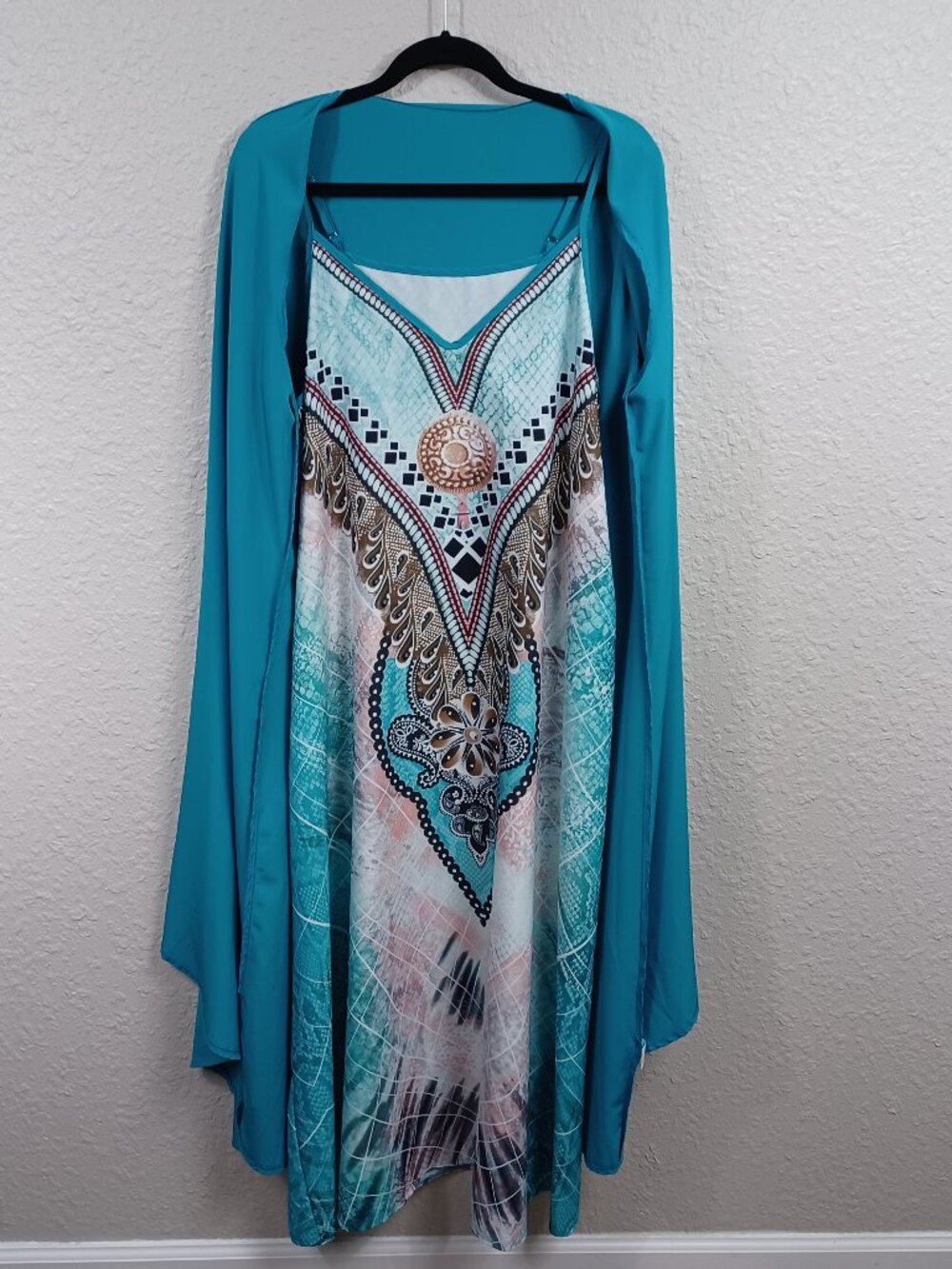 Womens Bohemian Maxi Dress XXL Turquoise Print with Coverup Lightweight Summer